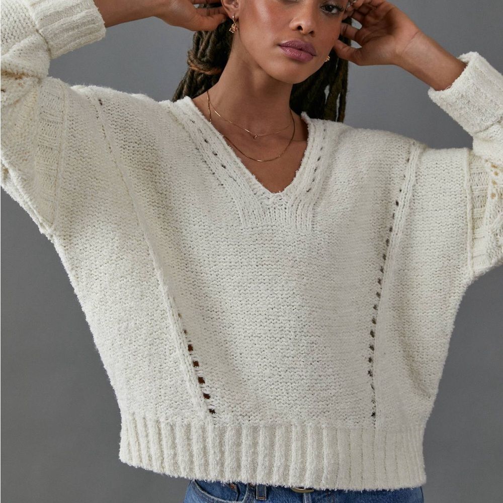 EUC Anthropologie Pilcro Marla Cream Chunky Knit V Neck Pullover Sweater S